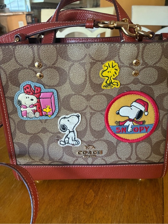 Coach Handbags - Coach Brown Signature Canvas Satchel with Red Leather Trim & Snoopy Patches